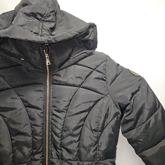 bebe Black Quilted Puffer Jacket LG | Gold Zippers | Hooded | Used - Picture 3 of 16